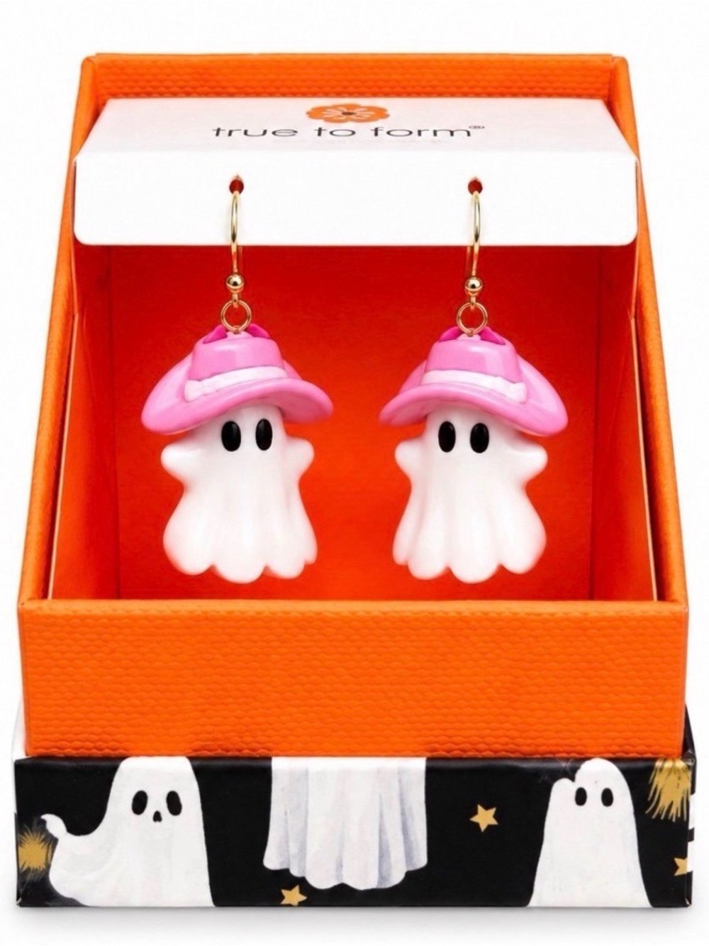 TRUE TO FORM Halloween Pink Cowboy Hat-Wearing Ghost Cowgirl Earrings NEW NWT